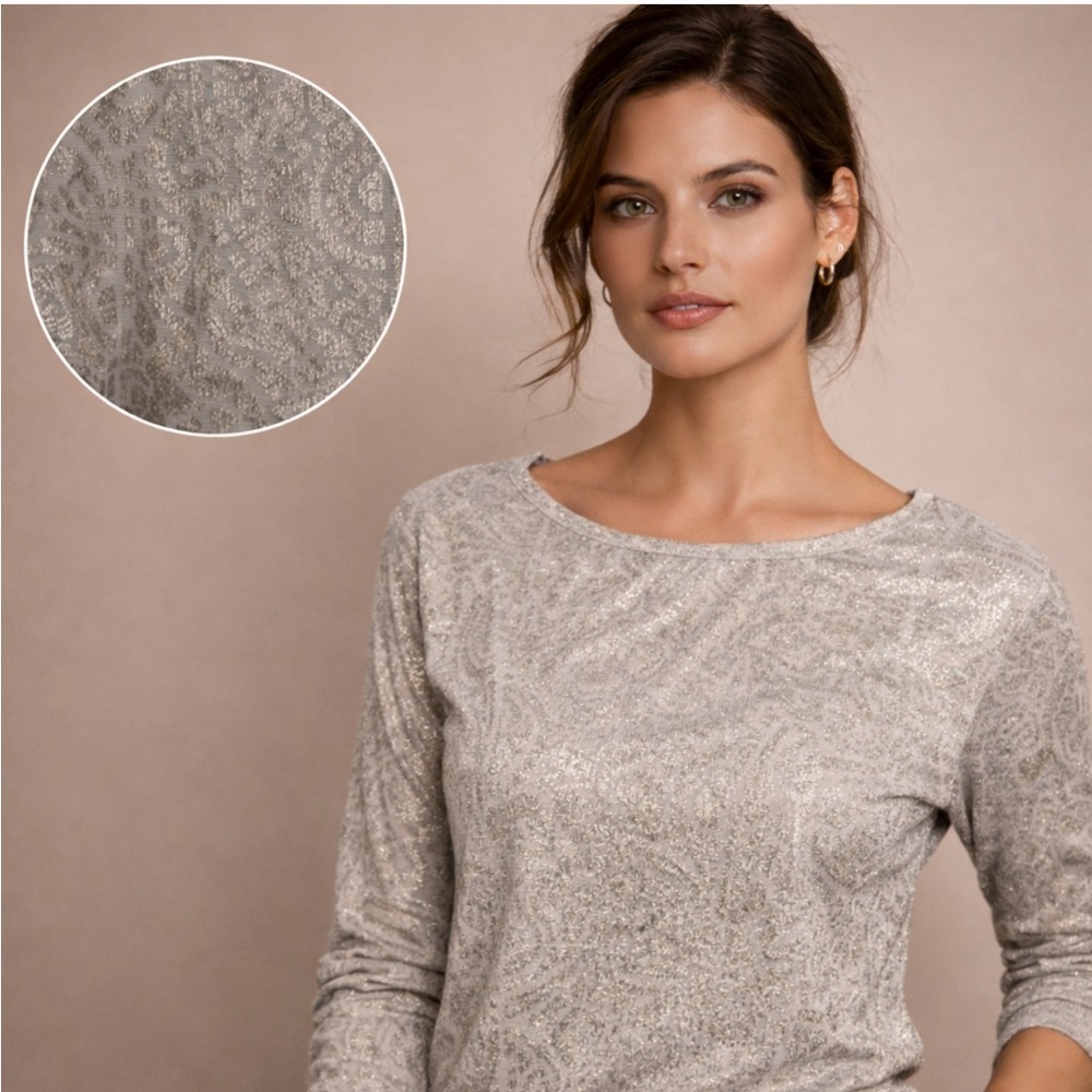 Chico’s Metallic Ivory Brocade Top 3/4 Sleeve Dressy Blouse Size 0